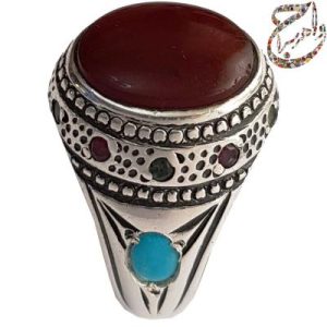 انگشتر عقیق مخراجی یاقوت و فیروزه