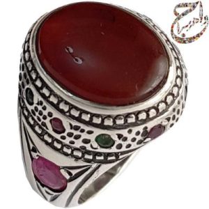 انگشتر عقیق مخراجی یاقوت و فیروزه