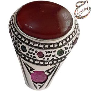 انگشتر عقیق مخراجی یاقوت و فیروزه