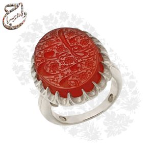 انگشتر عقیق سرخ یمنی حکاکی یا حامل اللواء الطف با رکاب نقره دستساز فطرس