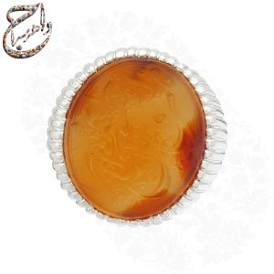 انگشتر عقیق یمنی پرتقالی با حکاکی امیری حسین و نعم الامیر و رکاب دستساز استاد امامی