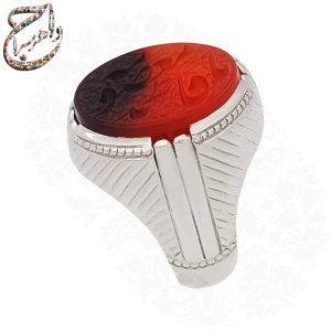 انگشتر عقیق دورنگ حکاکی یا فاطمه معصومه و رکاب دستساز استاد آذری