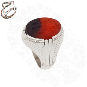 انگشتر عقیق دورنگ حکاکی یا فاطمه معصومه و رکاب دستساز استاد آذری