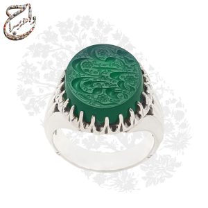 انگشتر عقیق سبز خطی یا علی بن موسی الرضا با رکاب نقره دستساز کریمی